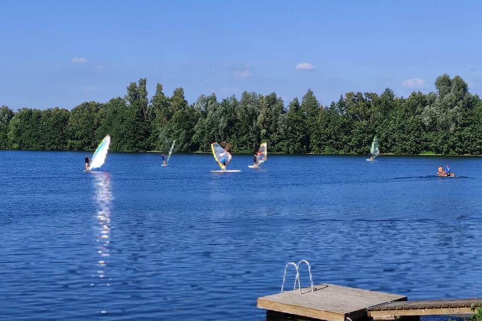 Viele Windsurfer bei blauem Himmel auf einem See