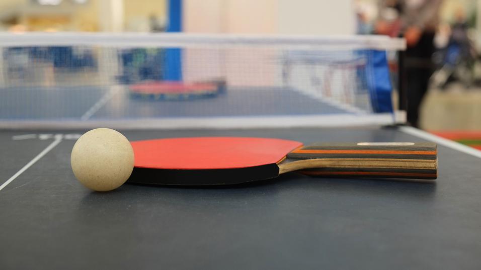 Nahaufnahme eines Tischtennisschlägers mit Ball auf einem Tischtennistisch mit Netz im Hintergrund.